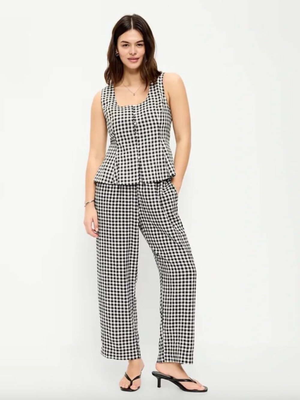 Old Navy Gingham Check High-Waisted Linen-Blend Straight-Leg Pants